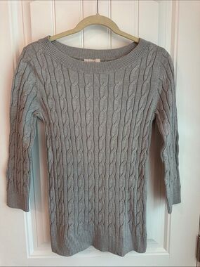 LOFT Silver-Gray Cable Knit Scoop Neck Sweater